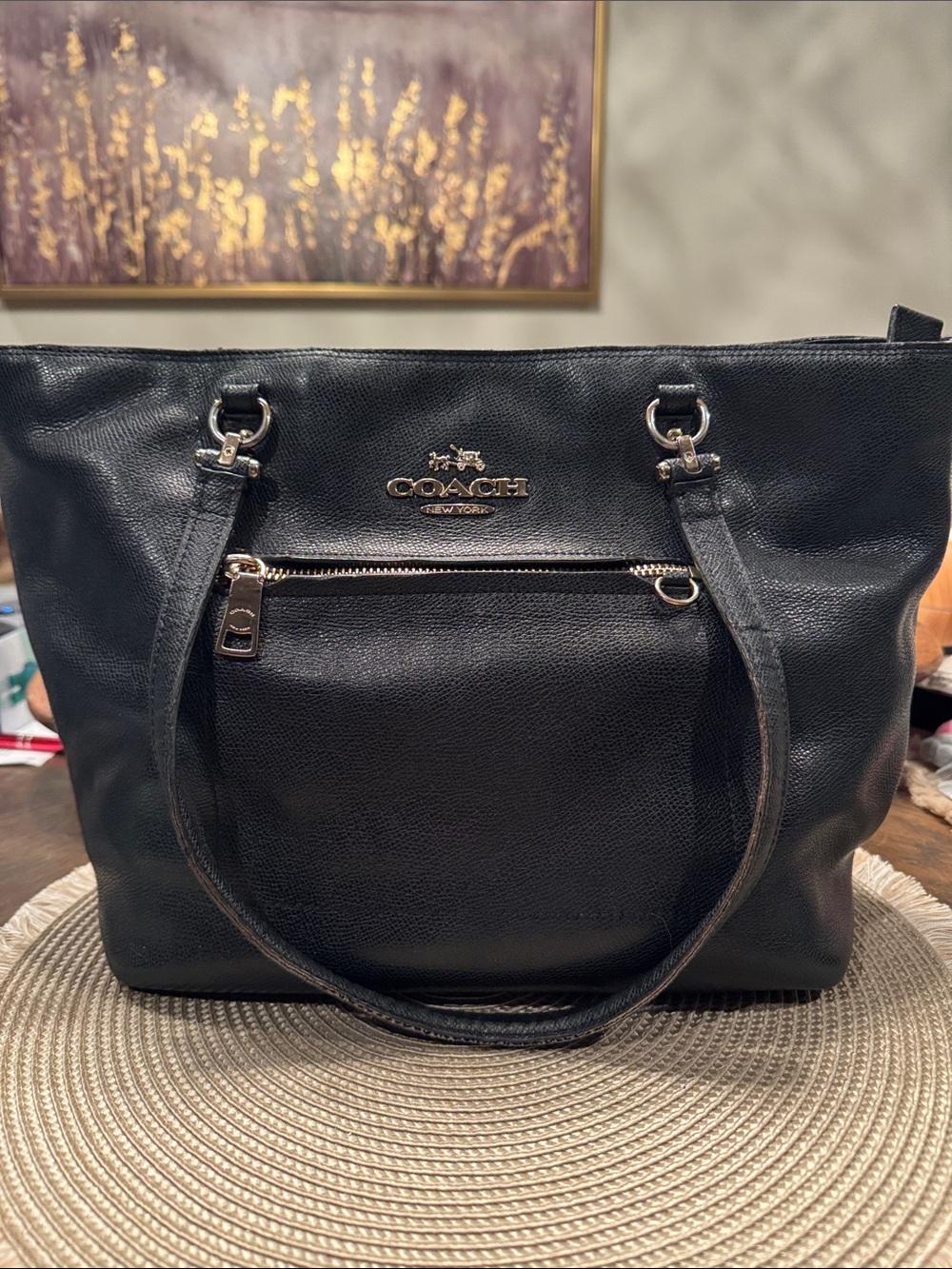 Coach Black Pebbled Leather Tote with Gold Accents - Picture 1 of 5